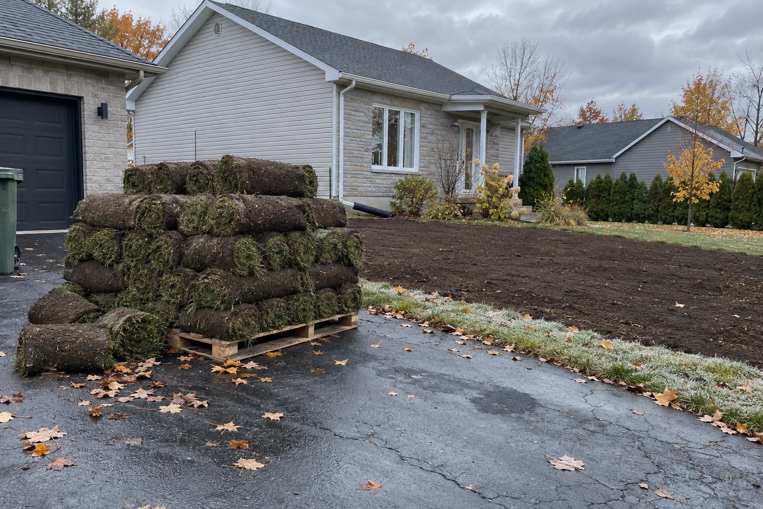 Pallet of freshly delivered sod rolls on a Quebec driveway in October