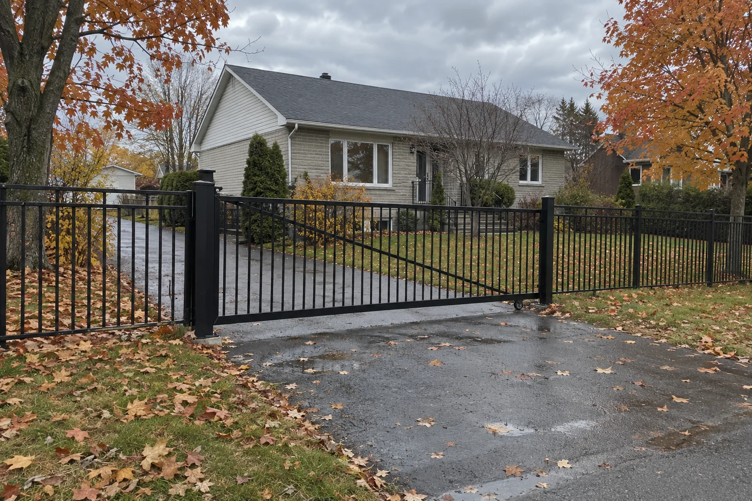 Black steel driveway gate with a diagonal brace and gate wheel between sections of ornamental aluminum fence