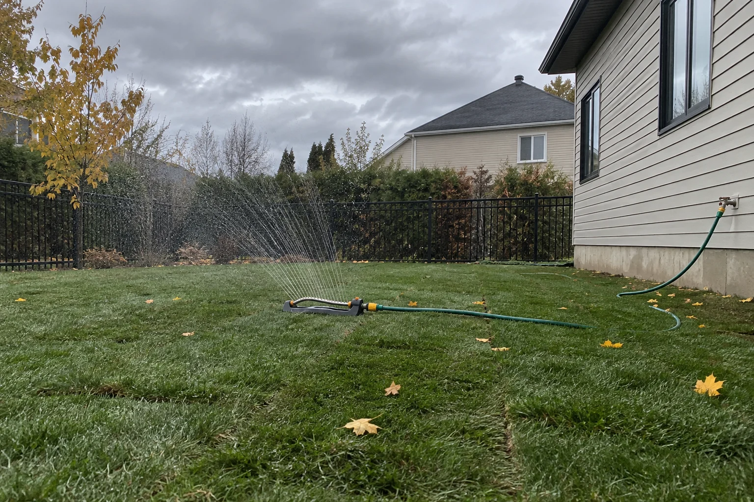 Sprinkler watering newly laid sod with visible seams in a Quebec backyard