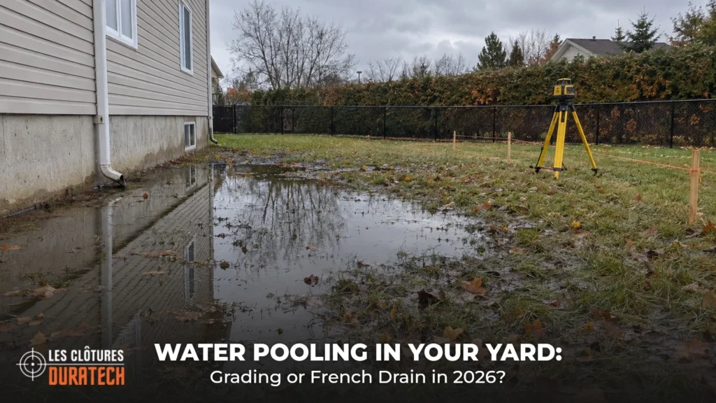 Rainwater pooling against a house foundation, with a laser level and grade stakes marking a new slope