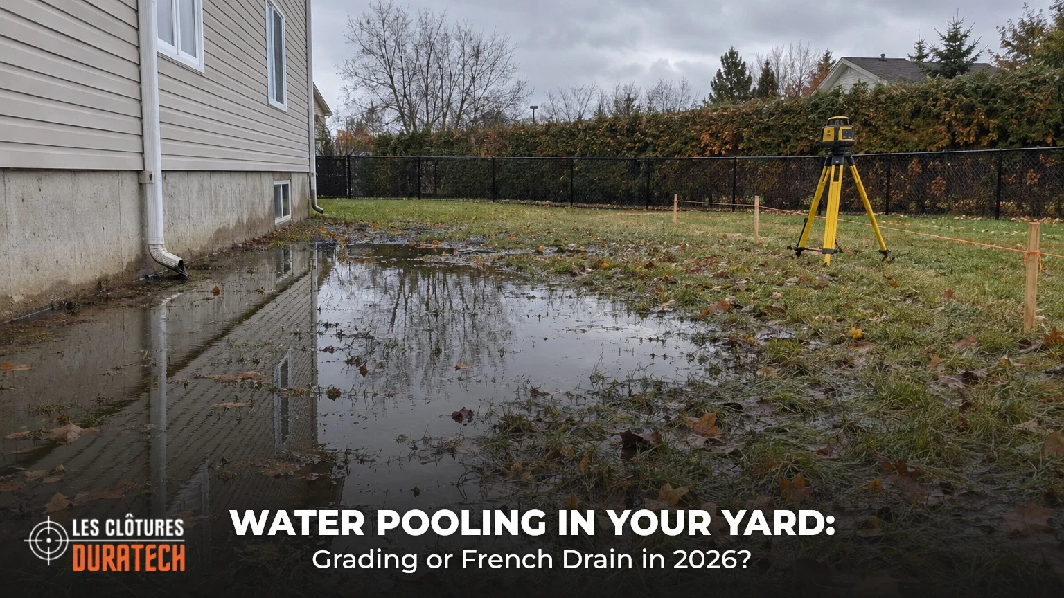 Rainwater pooling against a house foundation, with a laser level and grade stakes marking a new slope